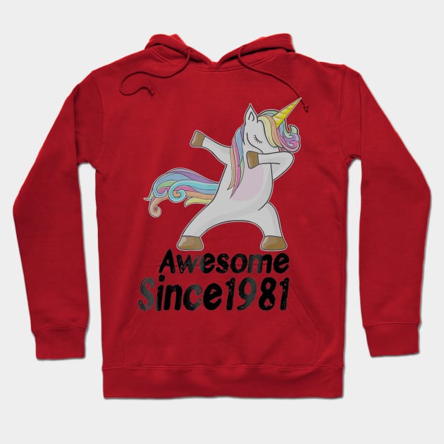38th Birthday Gift Awesome Since 1981 Unicorn Dabbing Hoodie by bummersempre66